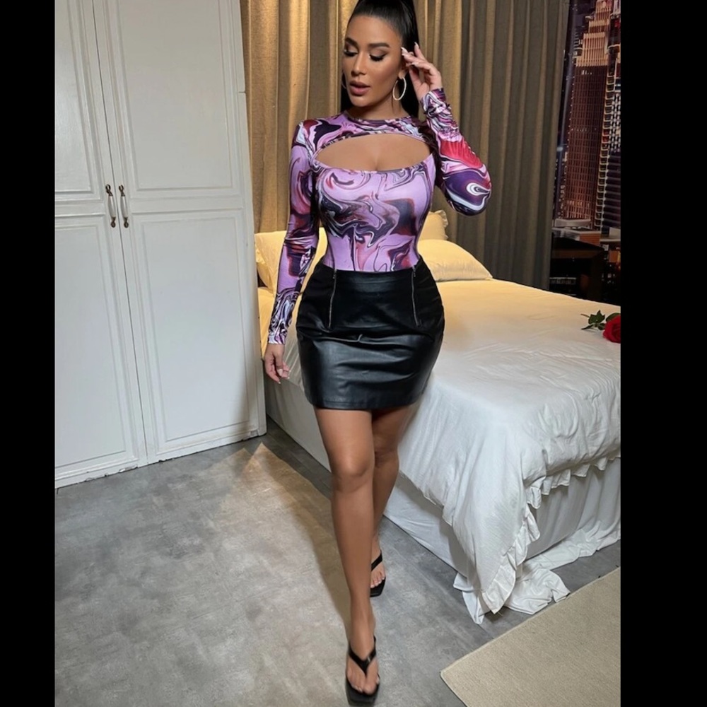 Sexy Marble Print, Cut-Out Neckline Bodysuit
